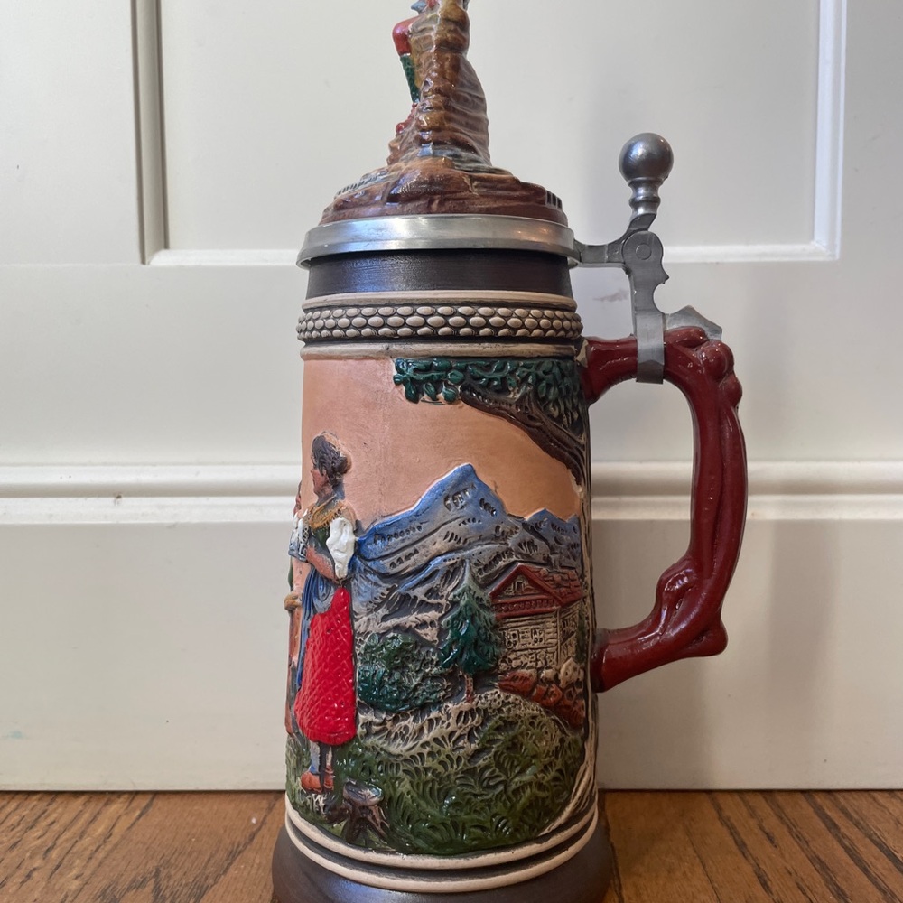 German-Style Ceramic Beer Stein with Alpine Scene - Red Handle